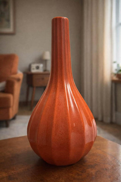Tall Speckled Orange Ribbed Ceramic Vase, Mid-Century Modern Style Art Pottery