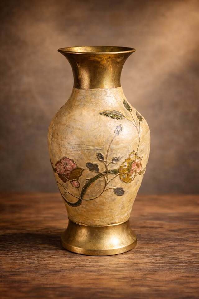 Vintage hand-painted brass vase and trinket dish