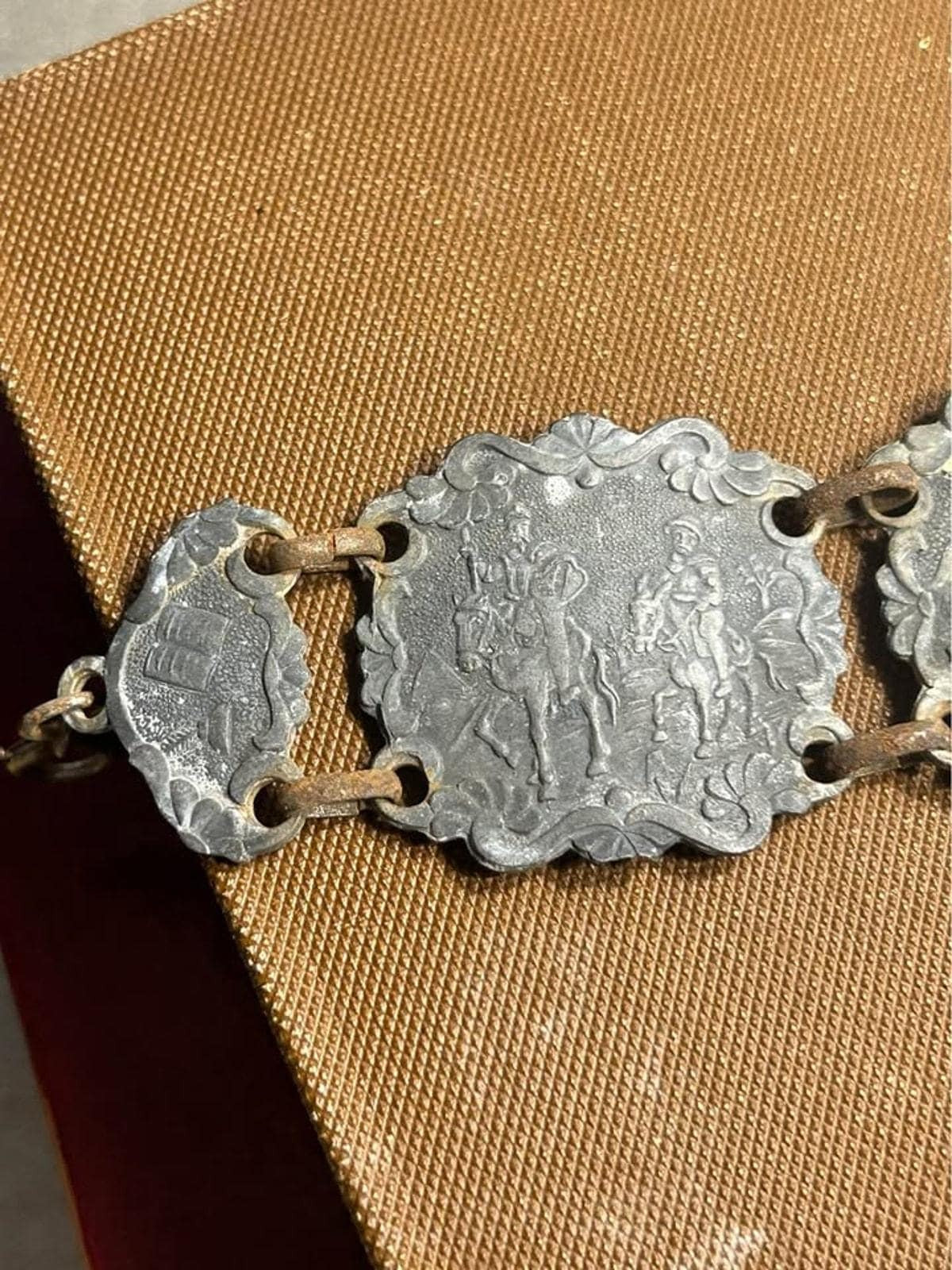 Vintage Mexican Silver Don Quixote Story Bracelet, Mid-Century Relief Panel Jewelry