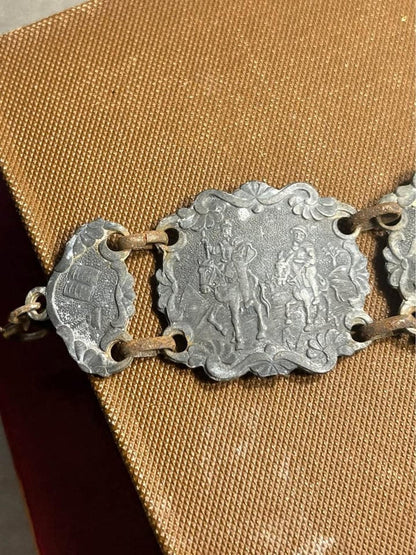 Vintage Mexican Silver Don Quixote Story Bracelet, Mid-Century Relief Panel Jewelry