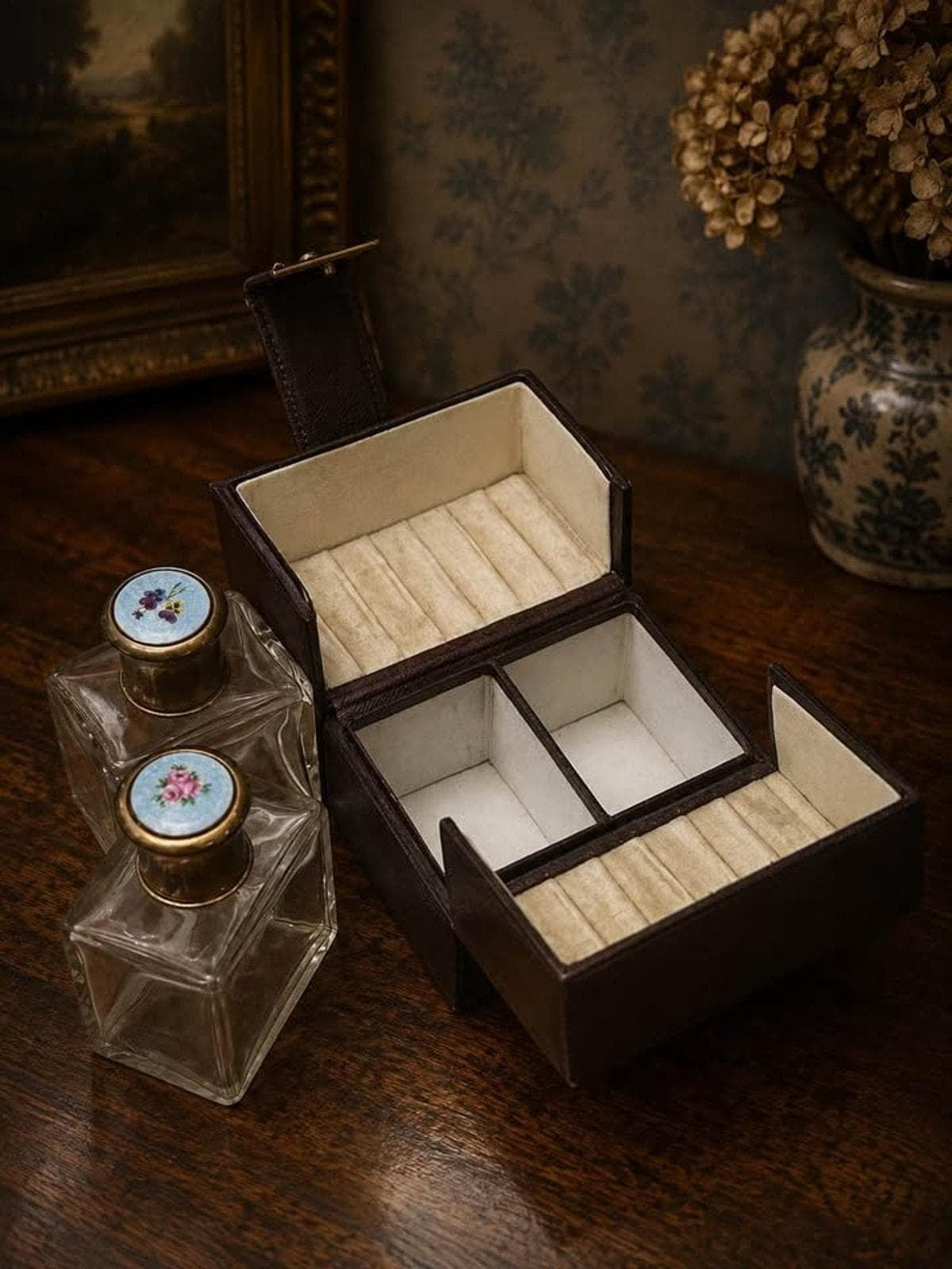 Antique Guilloche Enamel Double Scent Bottles with Leather Travel Case