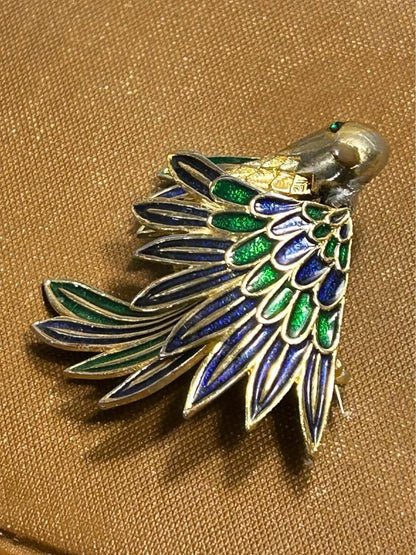 Vintage Sphinx London Bird Brooch, Gold Tone Blue & Green Enamel Pin, Numbered A2597