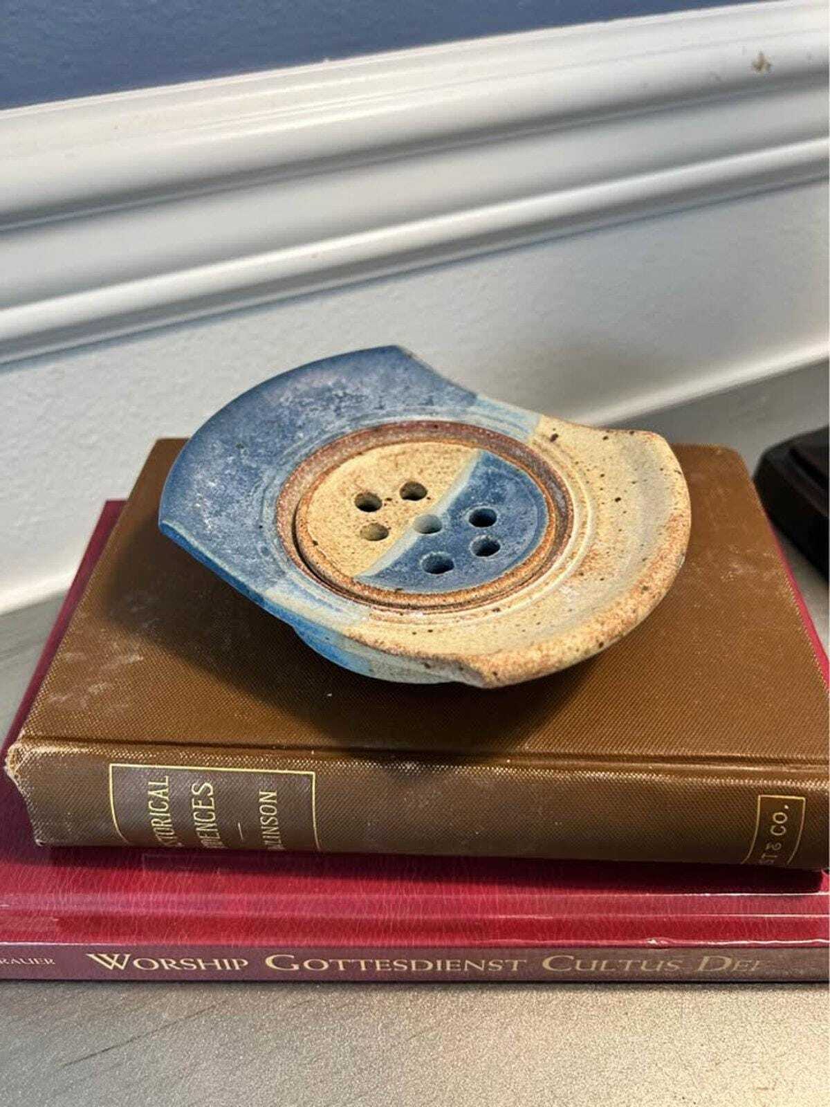 Studio Pottery Two-Piece Ceramic Soap Dish - Blue and Sand Glaze