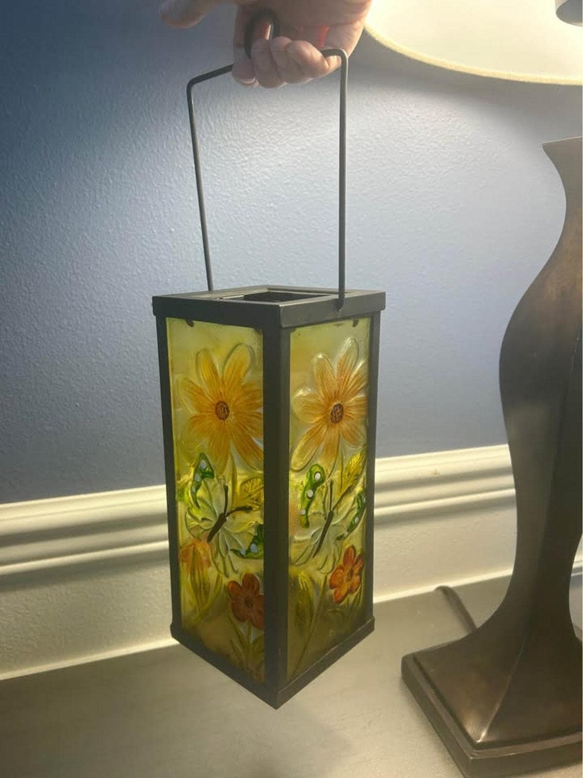 Hand-Painted Floral Textured Glass Lantern with Metal Frame