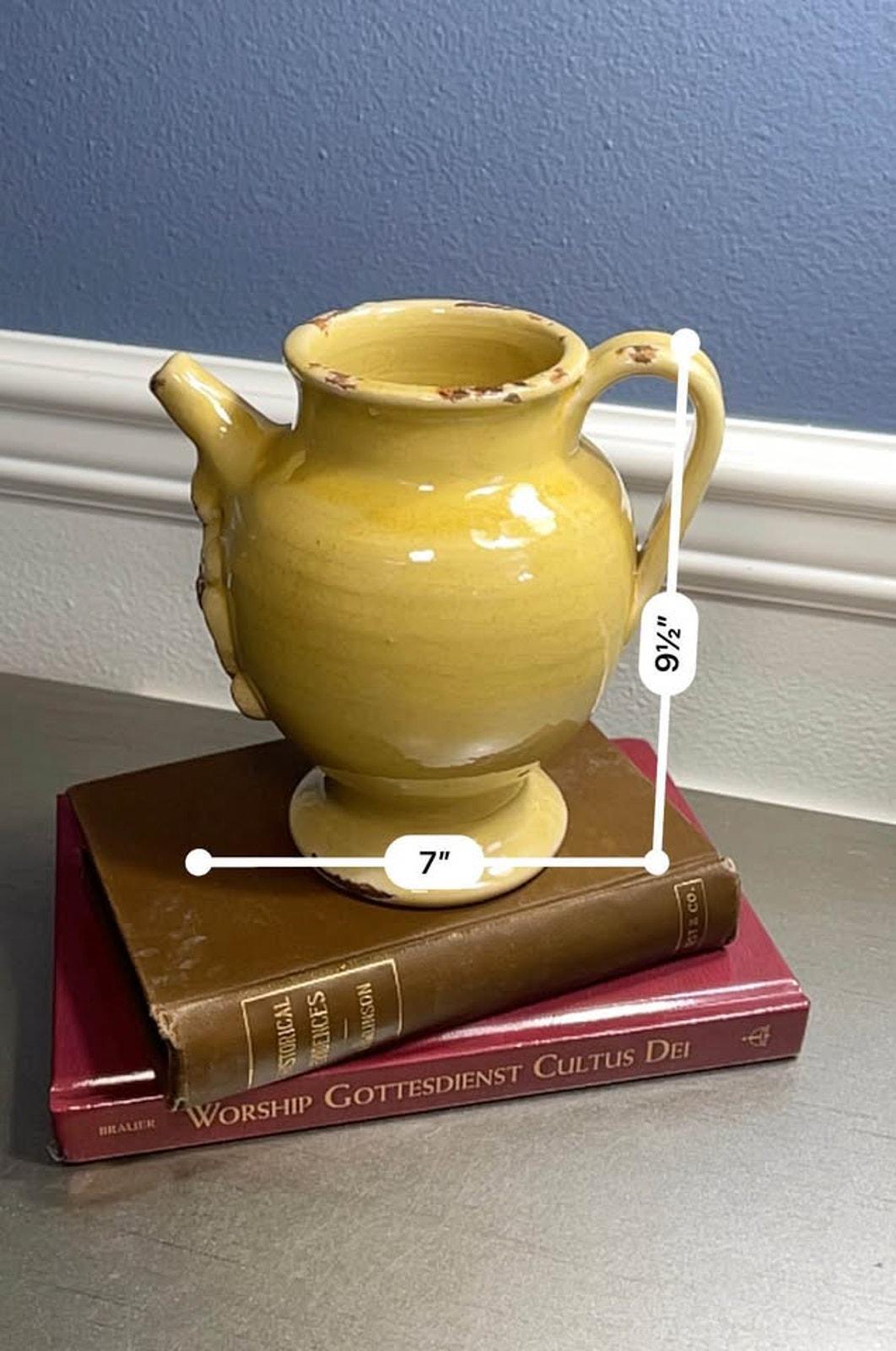 Leona Italy 1960s Handworked Yellow Pottery Pitcher - Rustic Relief Crest