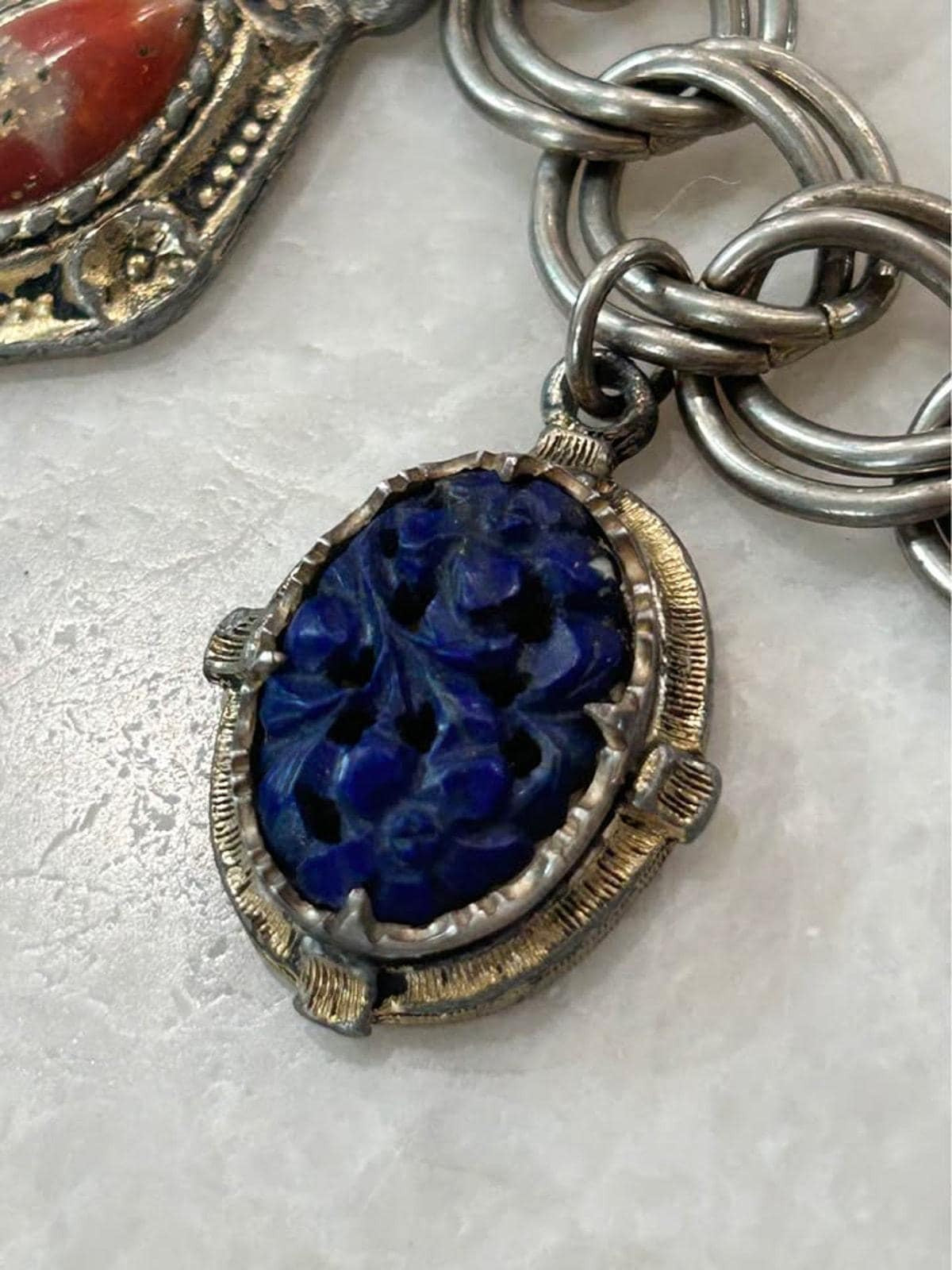 Vintage Mid Century Egyptian Revival Scarab and Intaglio Multi Charm Bracelet