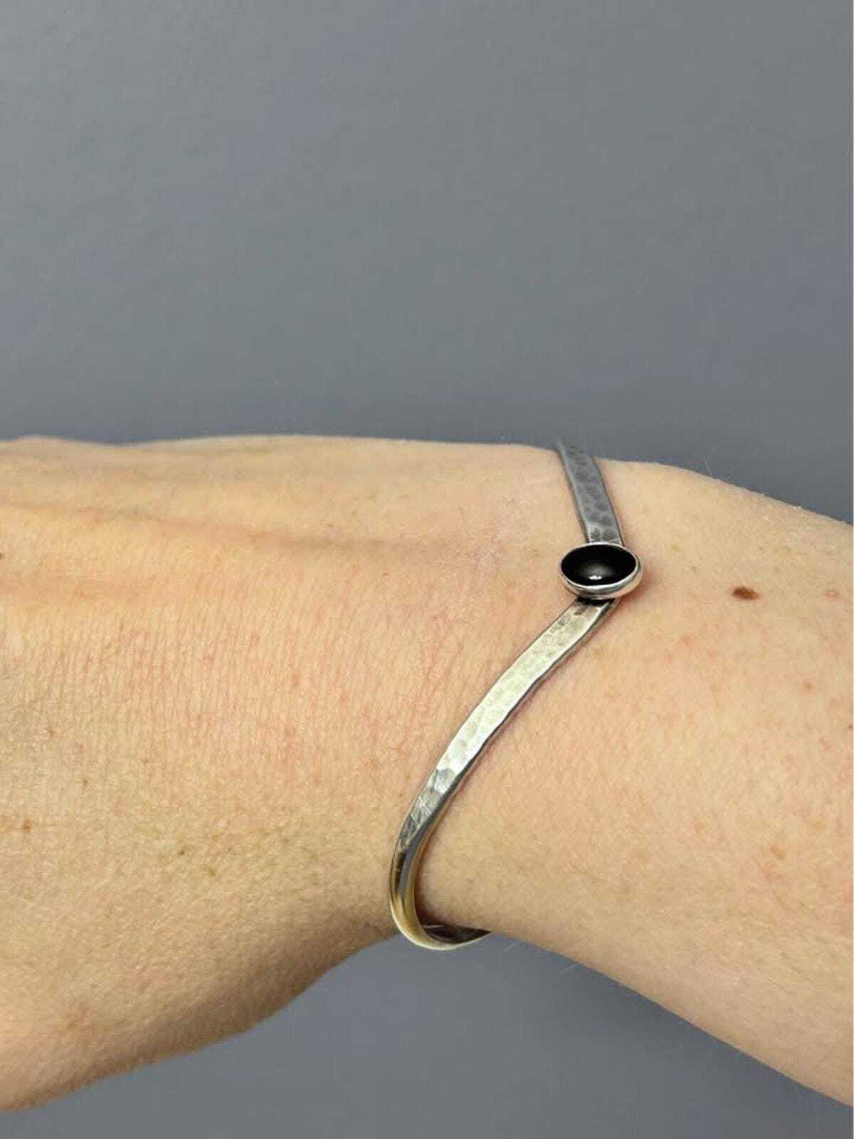 Vintage Artisan Hammered Sterling Silver Chevron Cuff with Black Onyx