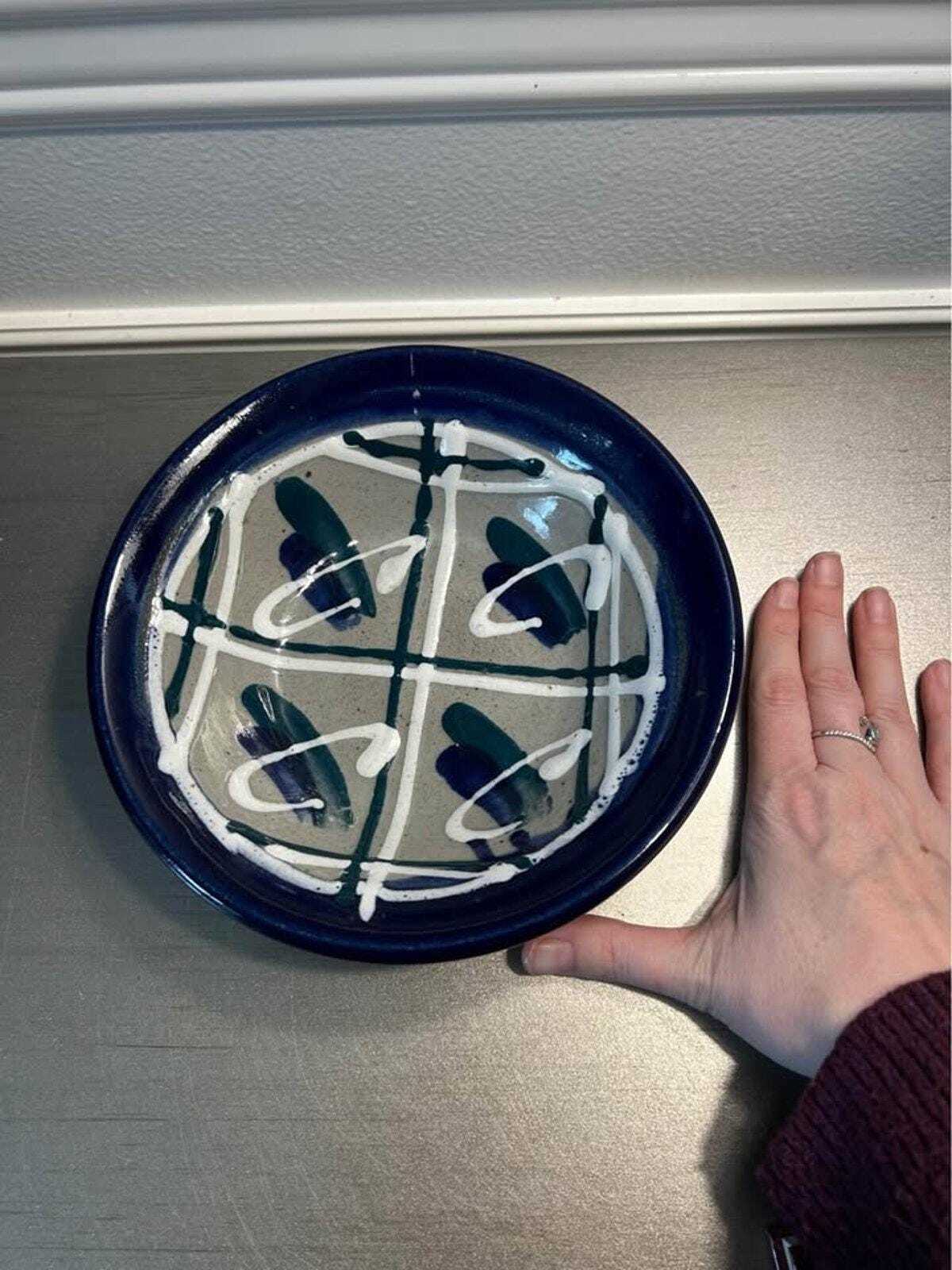 John Bauman Signed Studio Pottery Bowl, Abstract Blue & White Stoneware
