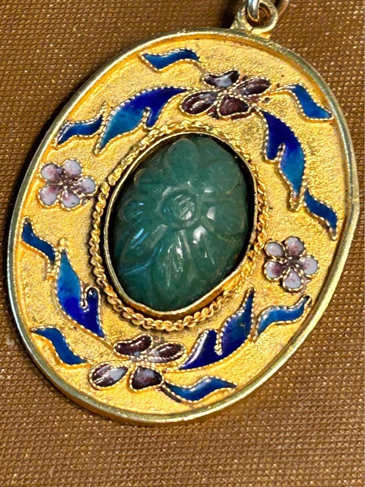 Vintage Chinese Export Carved Genuine Jade & Floral Enamel Brooch Pendant