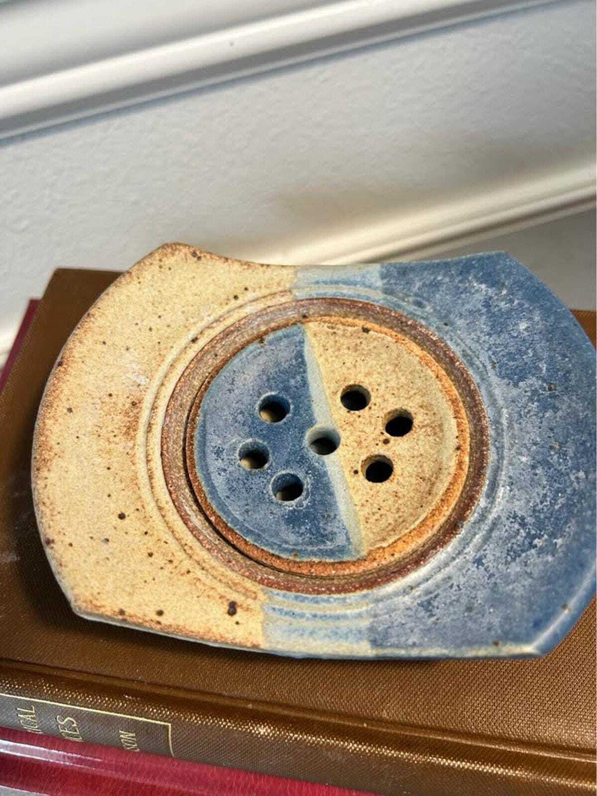 Studio Pottery Two-Piece Ceramic Soap Dish - Blue and Sand Glaze