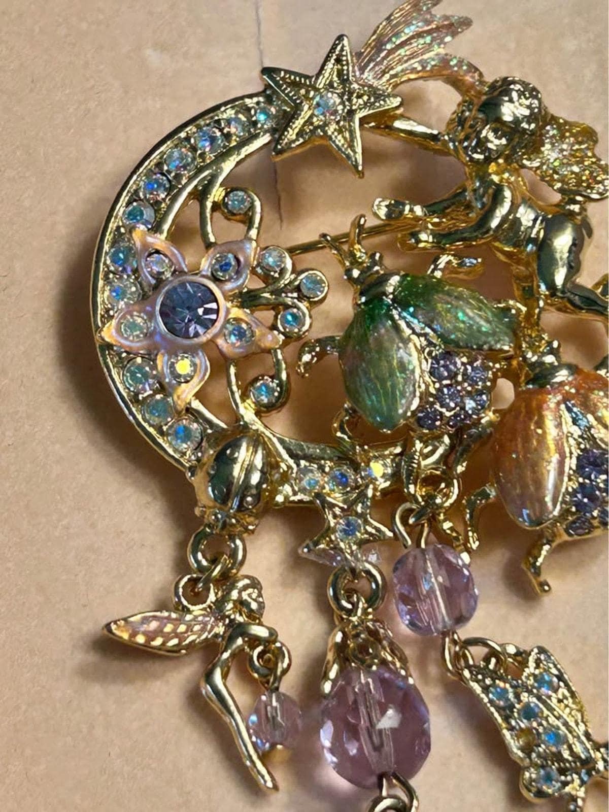 Kirks Folly Fairy Fire Flies Brooch, Vintage Crescent Moon and Cherub Pin, Original Box