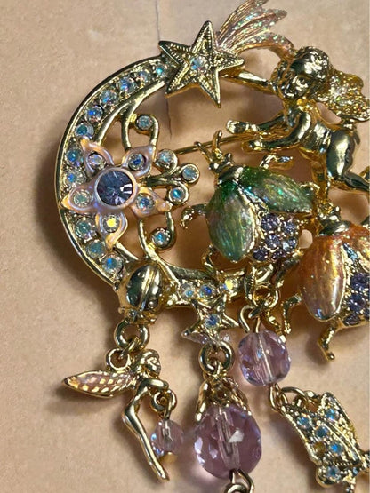 Kirks Folly Fairy Fire Flies Brooch, Vintage Crescent Moon and Cherub Pin, Original Box