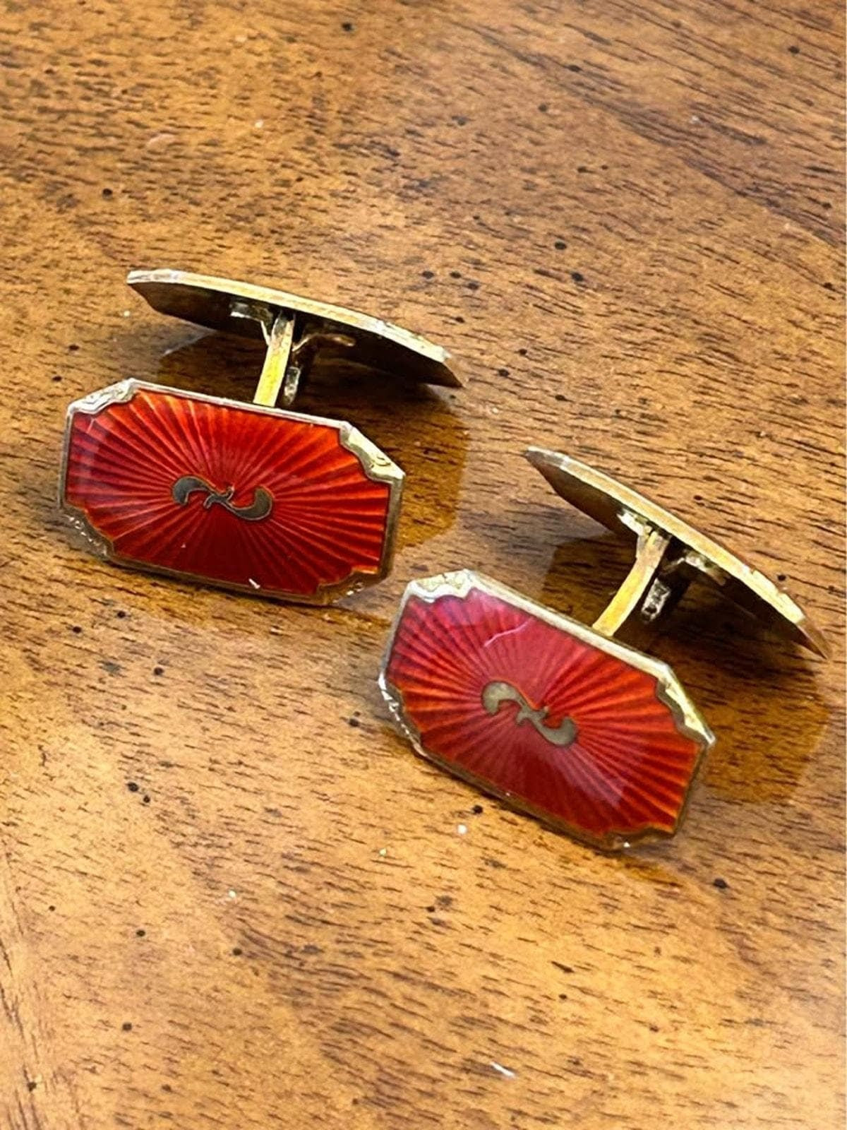 Vintage Norwegian Sterling Silver Vermeil & Red Guilloché Enamel Cufflinks, R.W.