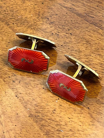 Vintage Norwegian Sterling Silver Vermeil & Red Guilloché Enamel Cufflinks, R.W.