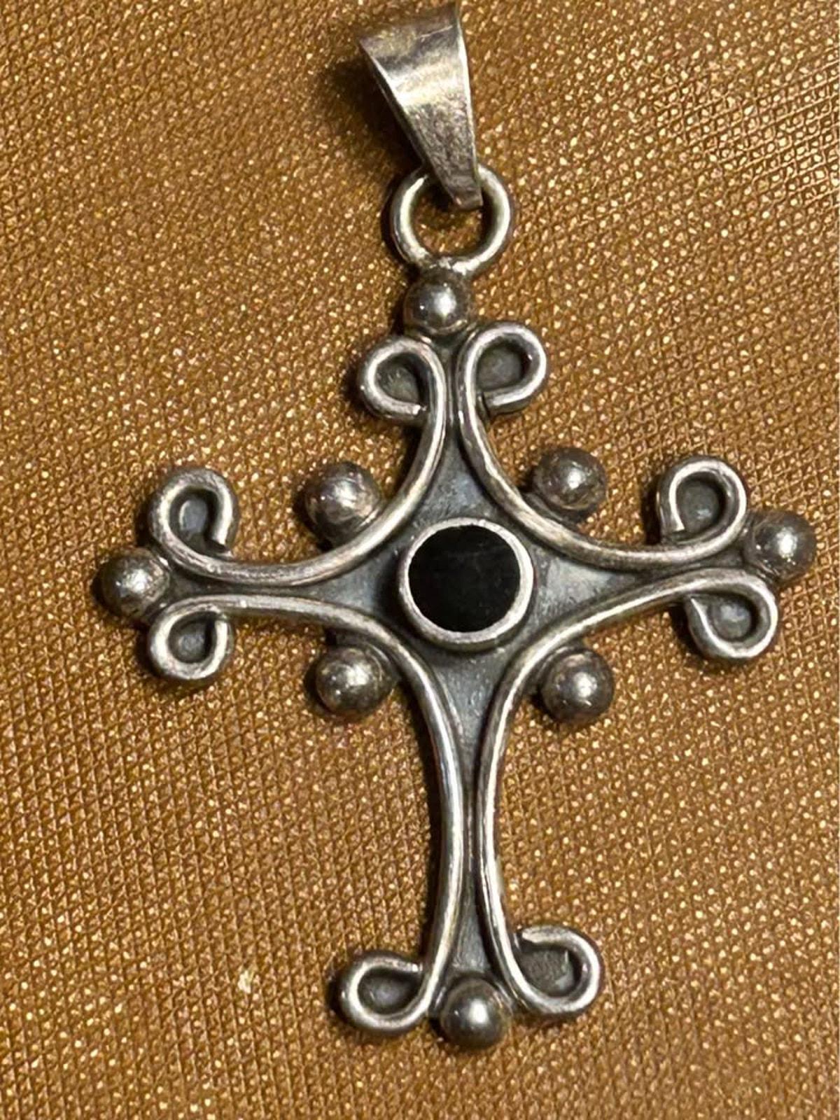 Vintage Sterling Silver Scrollwork Cross Pendant Black Cabochon Gothic Revival Artisan