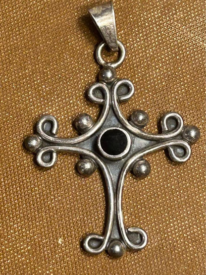 Vintage Sterling Silver Scrollwork Cross Pendant Black Cabochon Gothic Revival Artisan