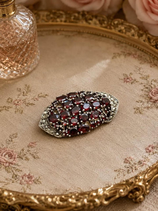 Vintage Bohemian Garnet and Marcasite Sterling Silver Brooch