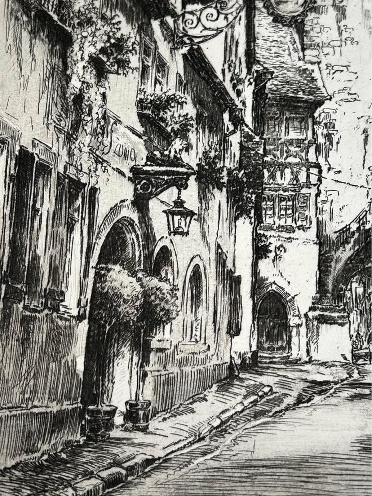 Antique Paul Geissler Original Pencil Signed Architectural Etchings Rothenburg and Nuremberg Pair