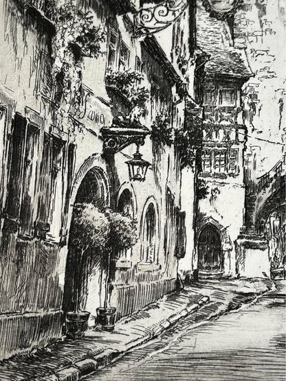 Antique Paul Geissler Original Pencil Signed Architectural Etchings Rothenburg and Nuremberg Pair