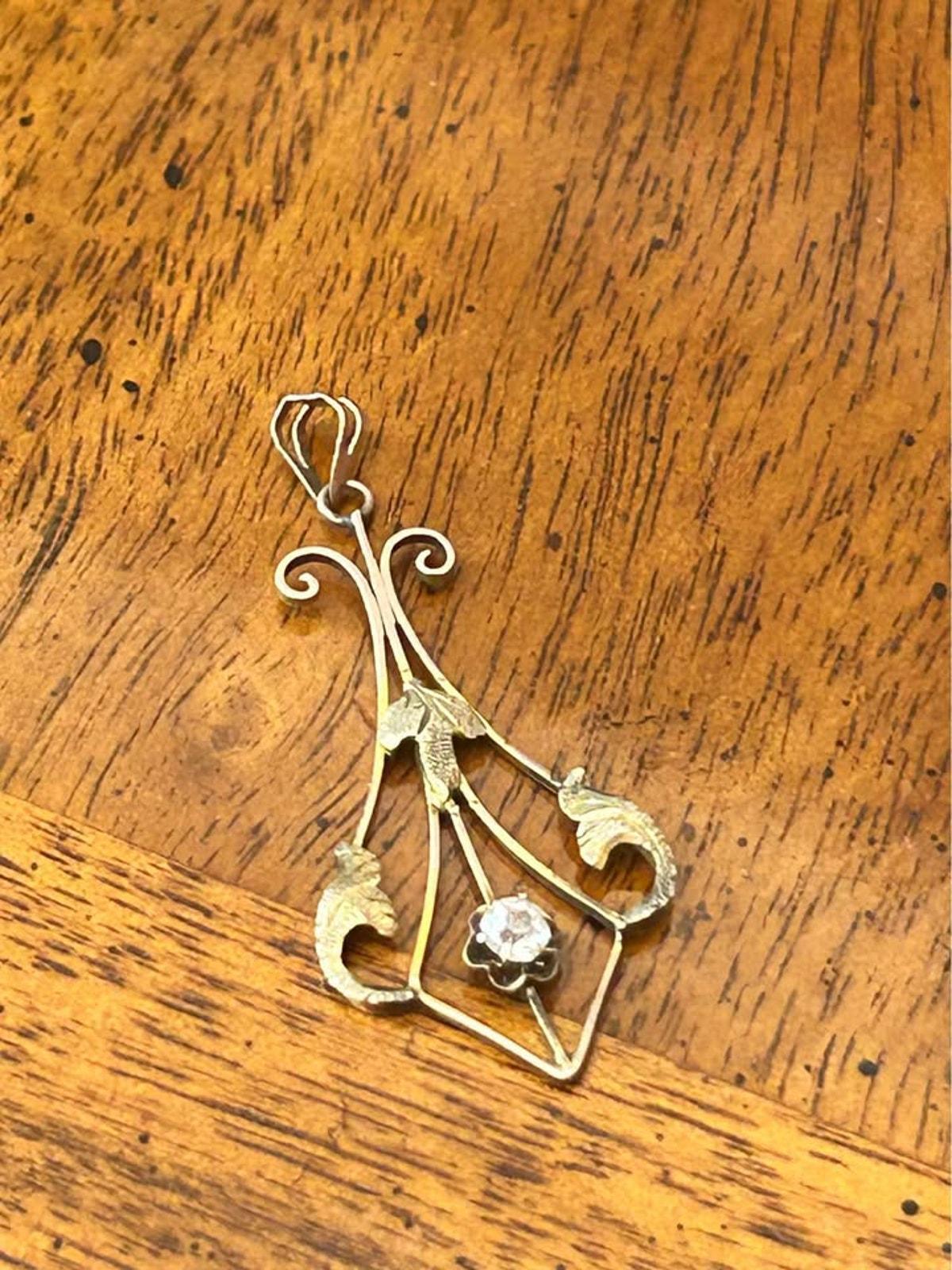 Antique Art Nouveau 10k Gold & Diamond Foliate Lavaliere Pendant