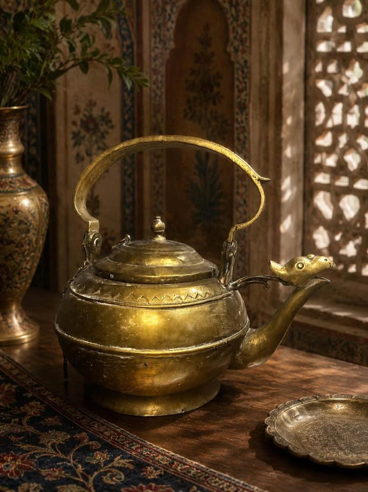 Antique Engraved Brass Teapot, Bird Head Spout, Sumatran Minangkabau Ceremonial Kettle