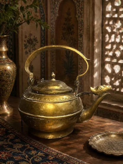 Antique Engraved Brass Teapot, Bird Head Spout, Sumatran Minangkabau Ceremonial Kettle