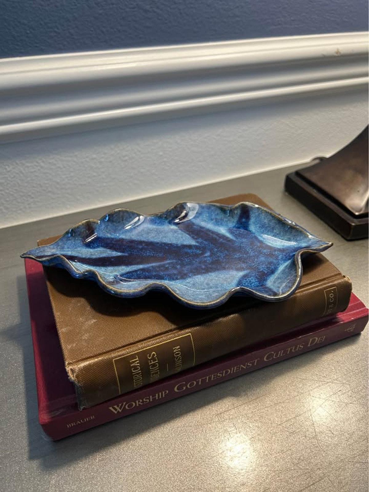 Sturbridge Pottery Blue Leaf Dish – Handcrafted Stoneware Trinket Tray