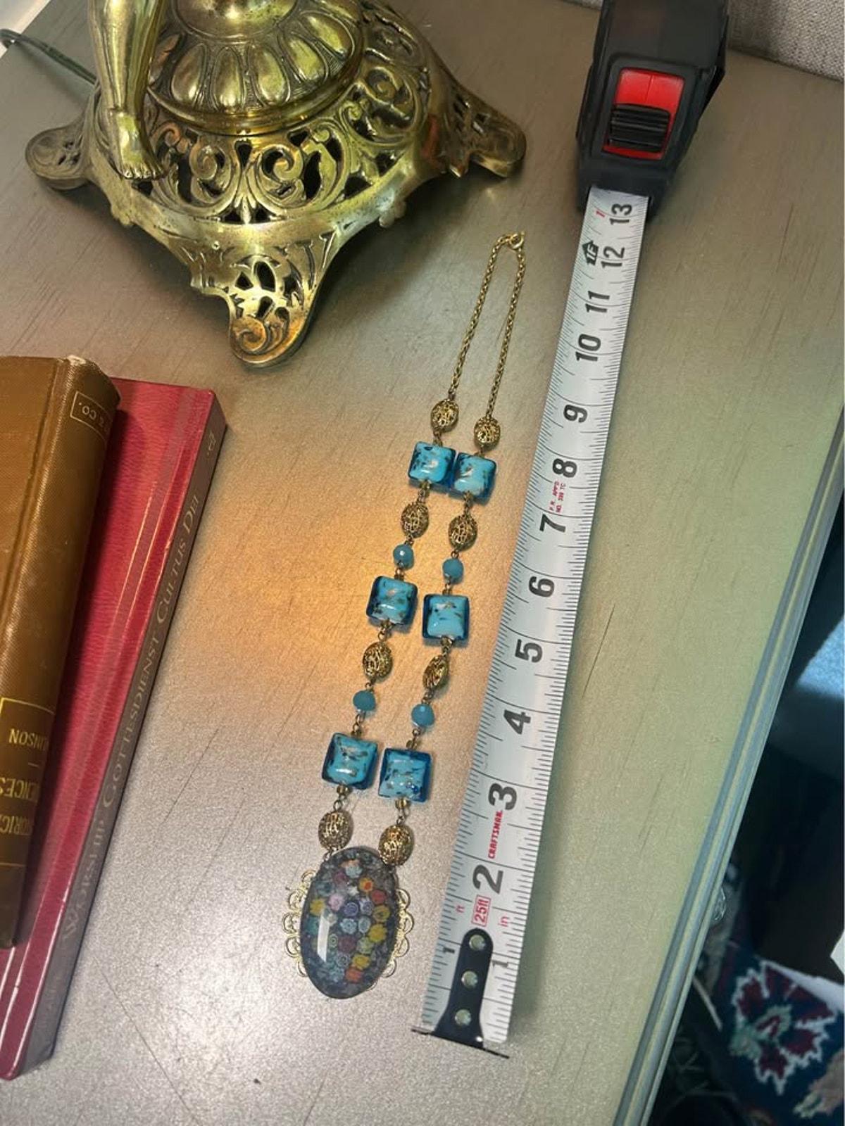 Vintage Murano Glass Millefiori Pendant Necklace Blue Foil Beads