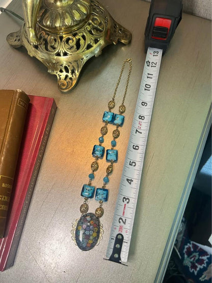 Vintage Murano Glass Millefiori Pendant Necklace Blue Foil Beads