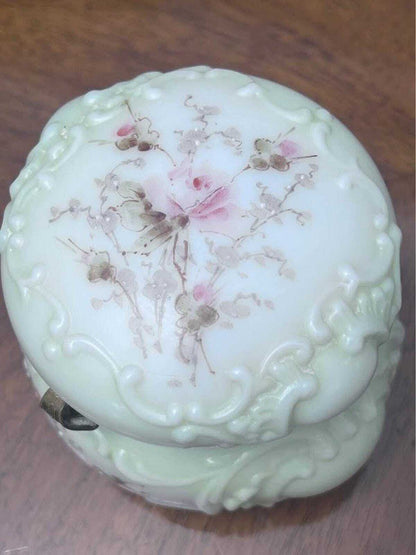 Antique C.F. Monroe Wave Crest Opal Glass Floral Dresser Box