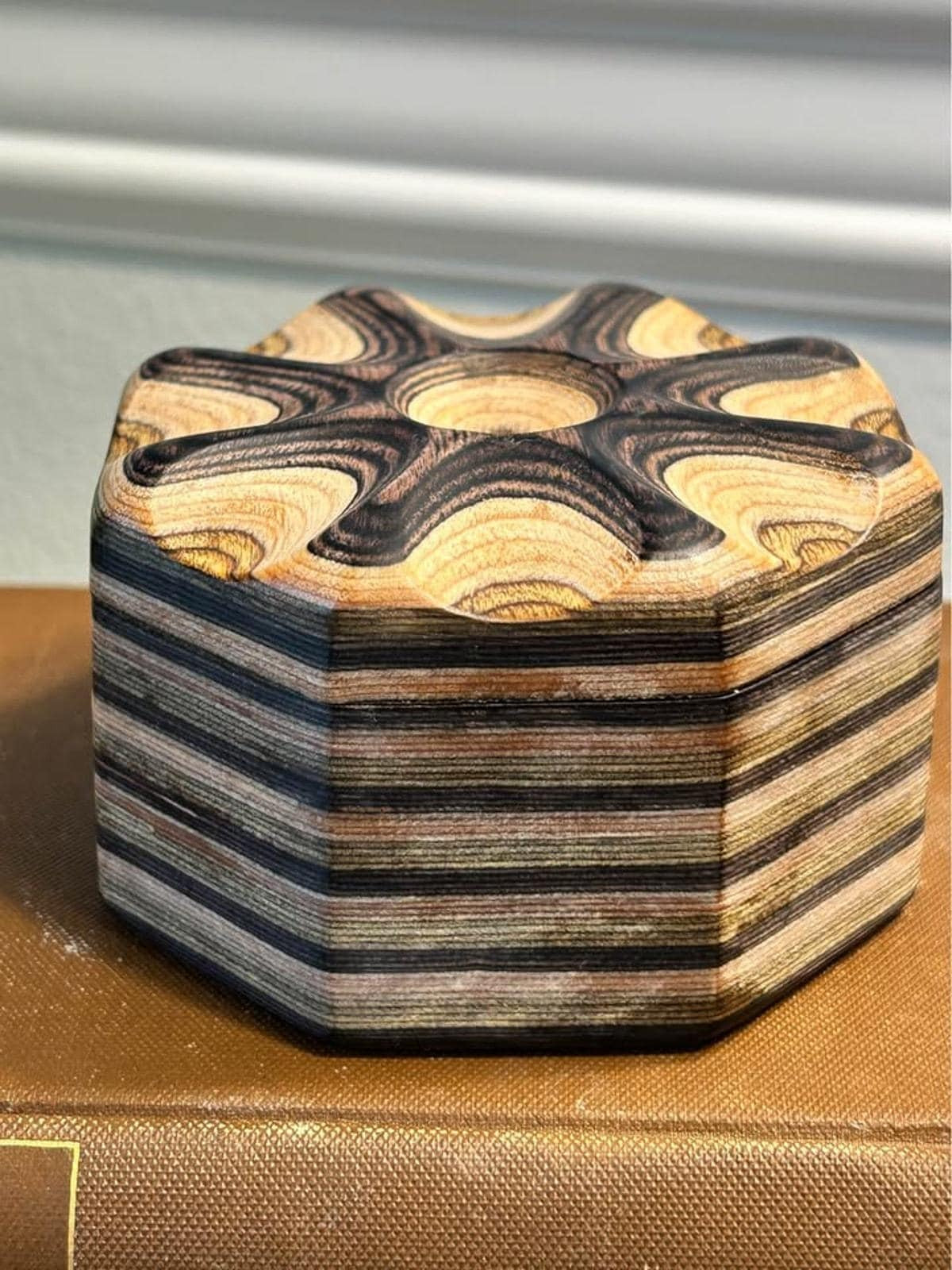 Artisan Carved Layered Wood Hexagonal Trinket Box with Magnetic Lid