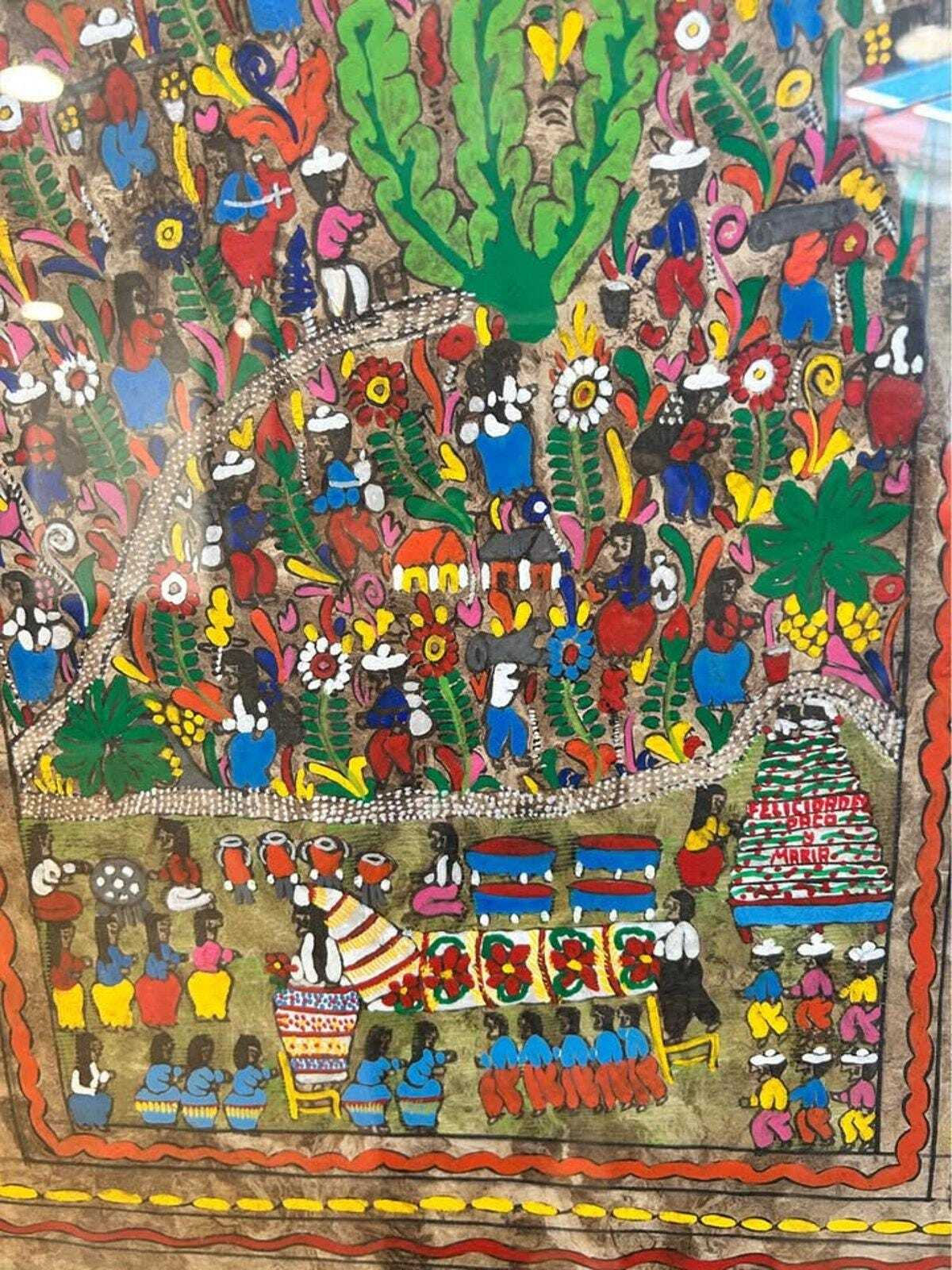 Vintage Mexican Amate Bark Painting – Nahua Folk Art Wedding Scene