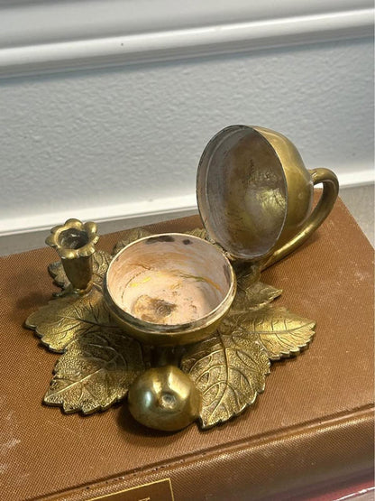 Antique Cast Brass Pomegranate Inkwell & Taper Candle Holder on Detailed Leaf Base