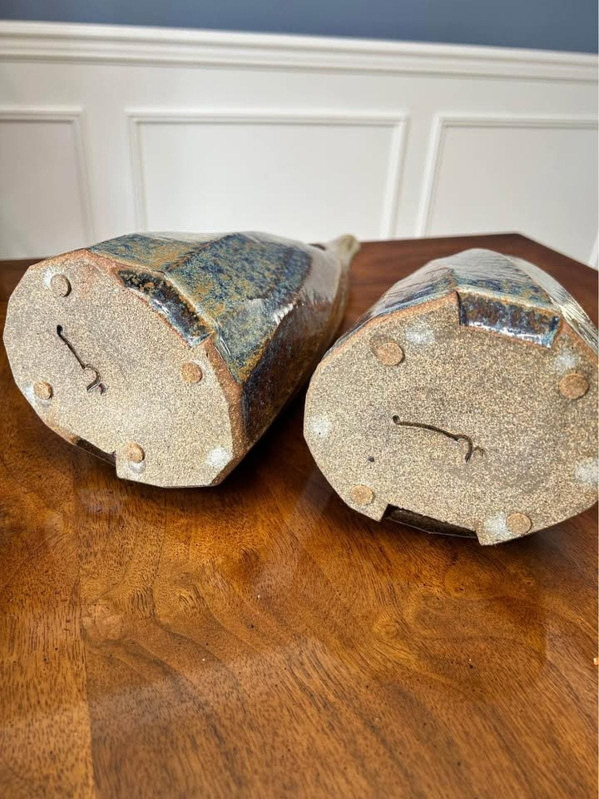 Vintage Studio Pottery Modernist Ikebana Vases Pair - Signed
