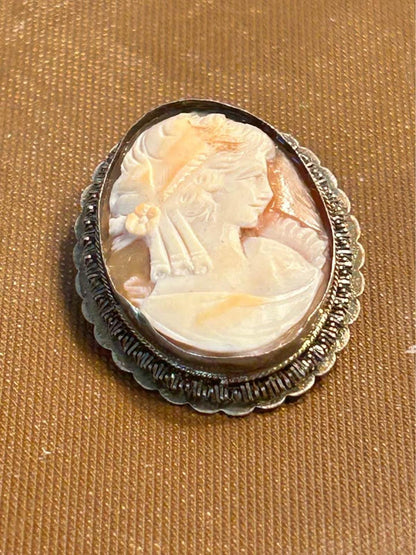 Vintage Italian 800 Silver Shell Cameo Brooch Pendant - Hand Carved Shell Jewelry