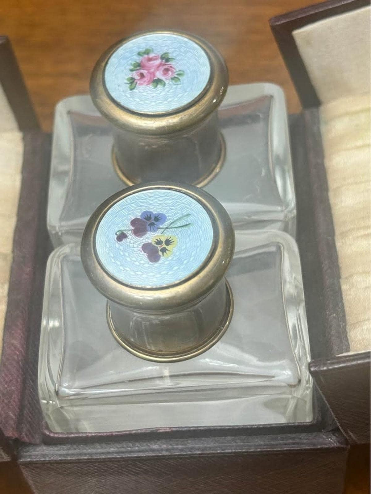 Antique Guilloche Enamel Double Scent Bottles with Leather Travel Case