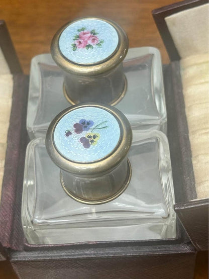 Antique Guilloche Enamel Double Scent Bottles with Leather Travel Case