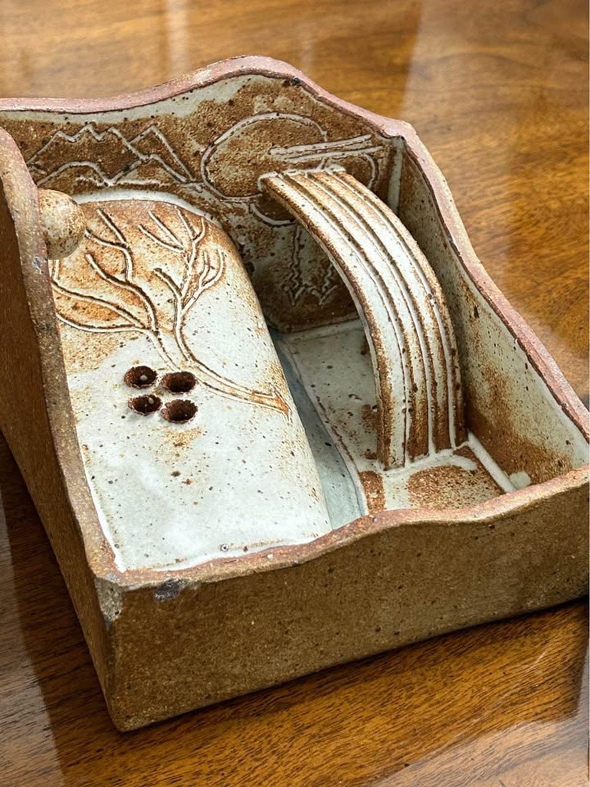 Vintage Studio Pottery Diorama Puzzle Box Incense Burner With Secret Landscape Interior