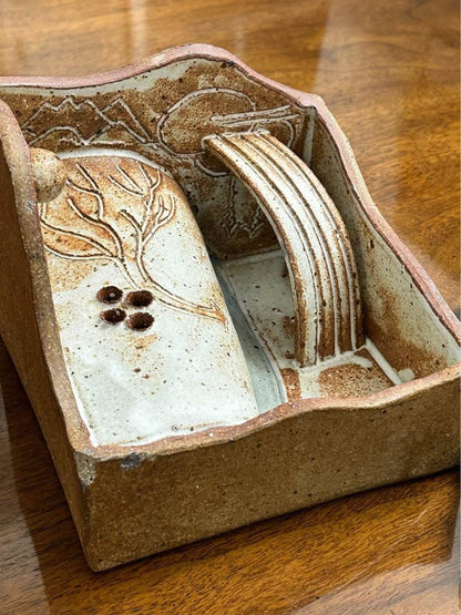 Vintage Studio Pottery Diorama Puzzle Box Incense Burner With Secret Landscape Interior