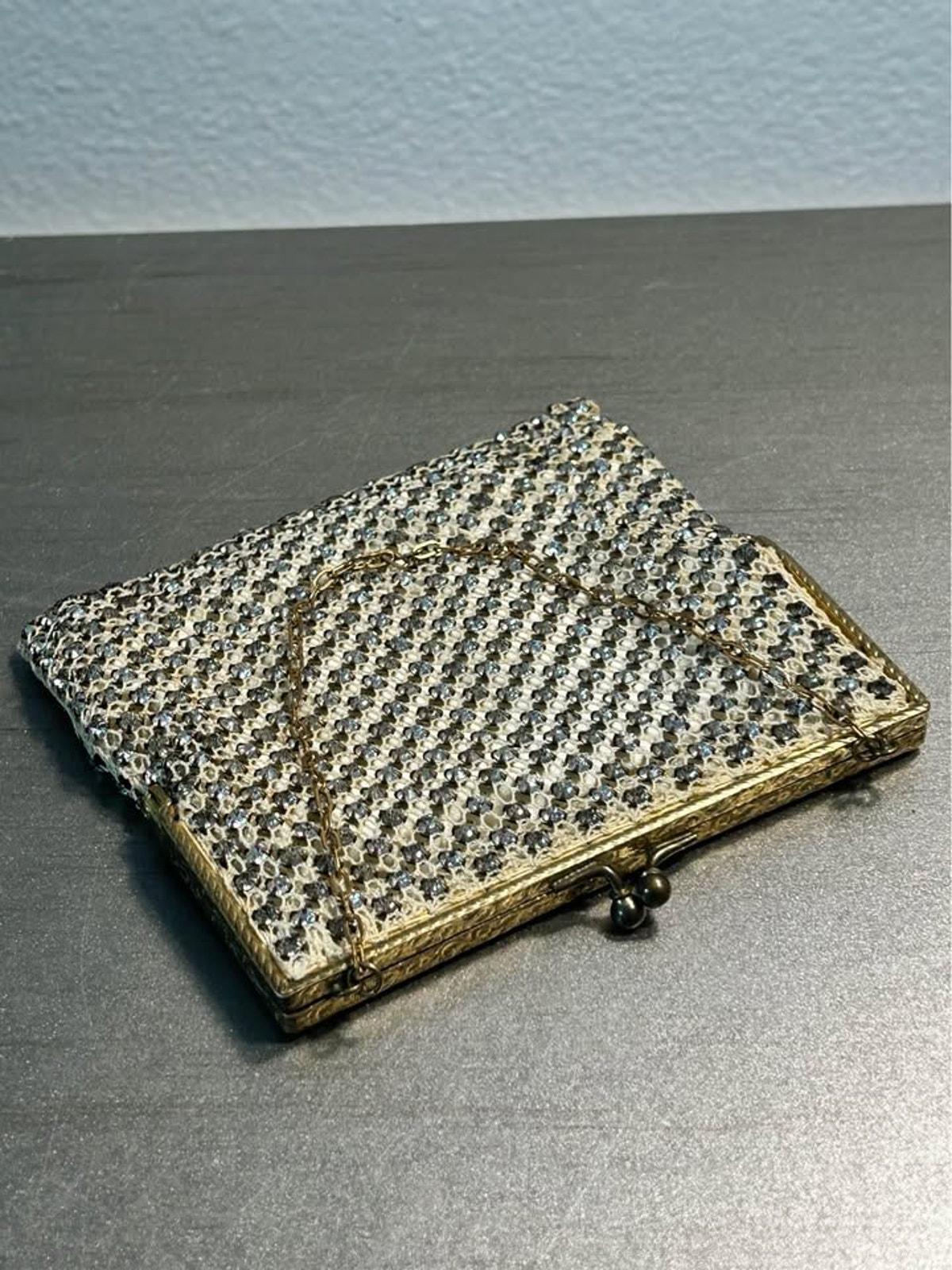 Vintage Rhinestone Mesh Evening Bag Etched Gold Tone Frame Satin Lined Purse
