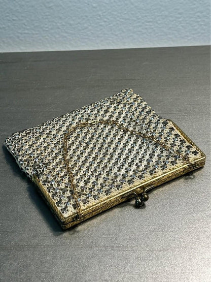 Vintage Rhinestone Mesh Evening Bag Etched Gold Tone Frame Satin Lined Purse