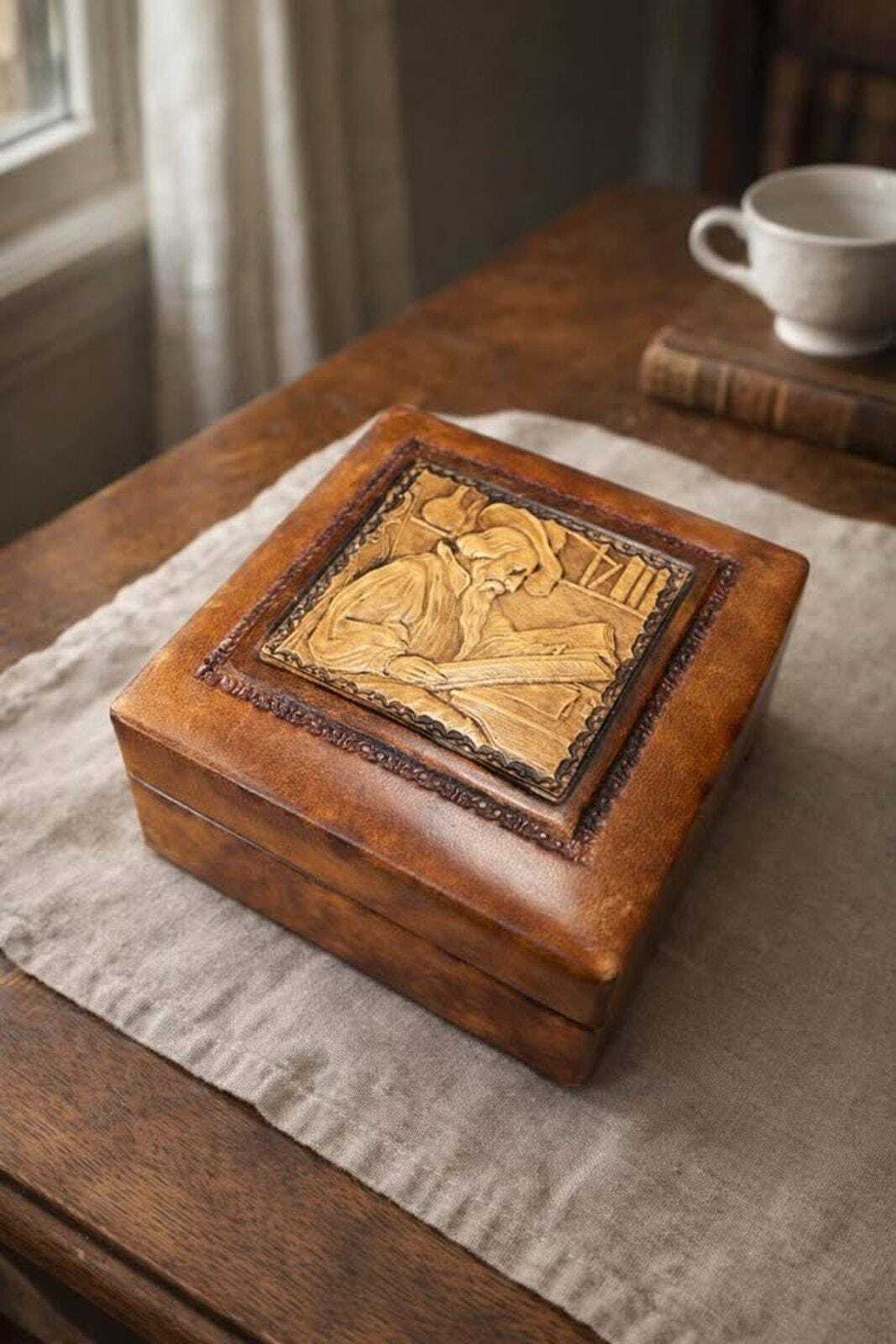 Vintage Italian Tooled Leather Trinket Box with Alchemist Bas-Relief