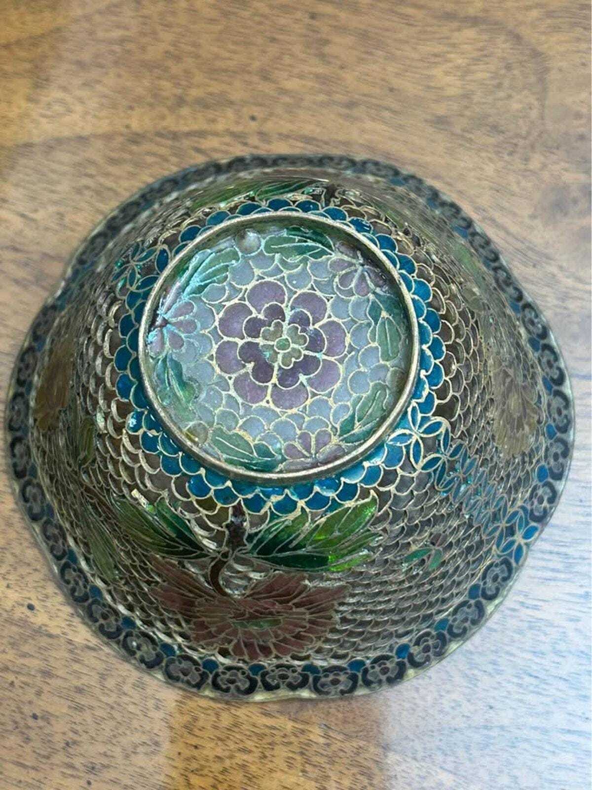Vintage Plique-à-Jour Translucent Enamel Floral Bowl Scalloped Edge