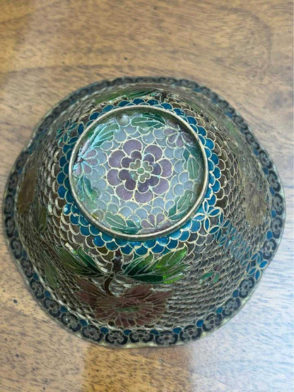 Vintage Plique-à-Jour Translucent Enamel Floral Bowl Scalloped Edge