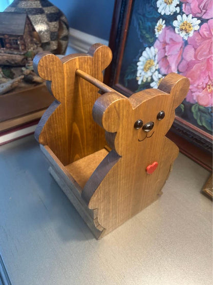 Rustic Wooden Teddy Bear Caddy with Heart Detail