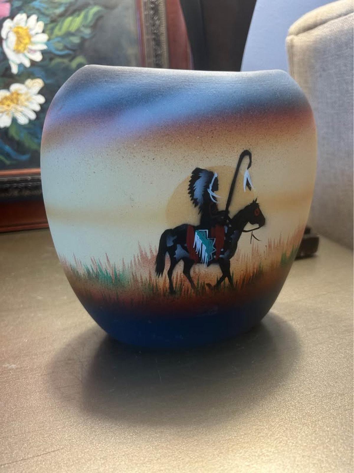 T. Blank Ome Signed Southwestern Pottery Vase - Hand-Painted Bison & Eagle Narrative