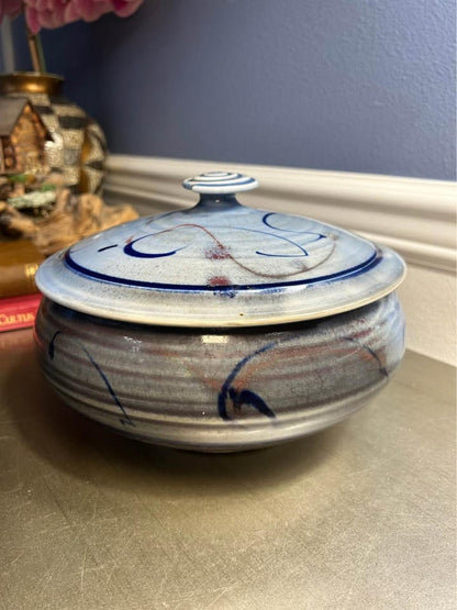 Signed Studio Pottery Covered Bowl | Blue Crackle Glaze & Spiral Knob