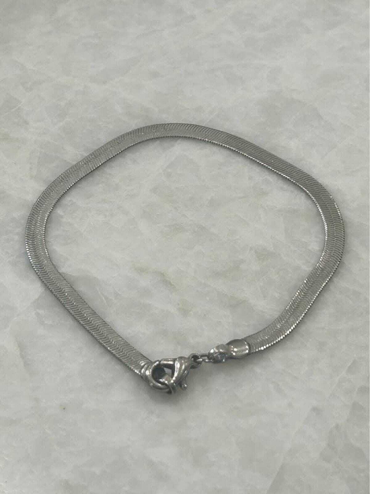 Sterling Silver Herringbone Bracelet Vintage 925 Flat Snake Chain 8 Inch