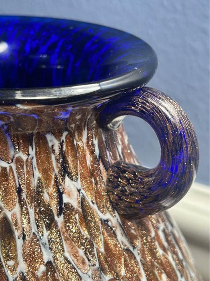 Vintage Cobalt Blue and Gold Aventurine Cased Art Glass Two Handled Amphora Urn Vase
