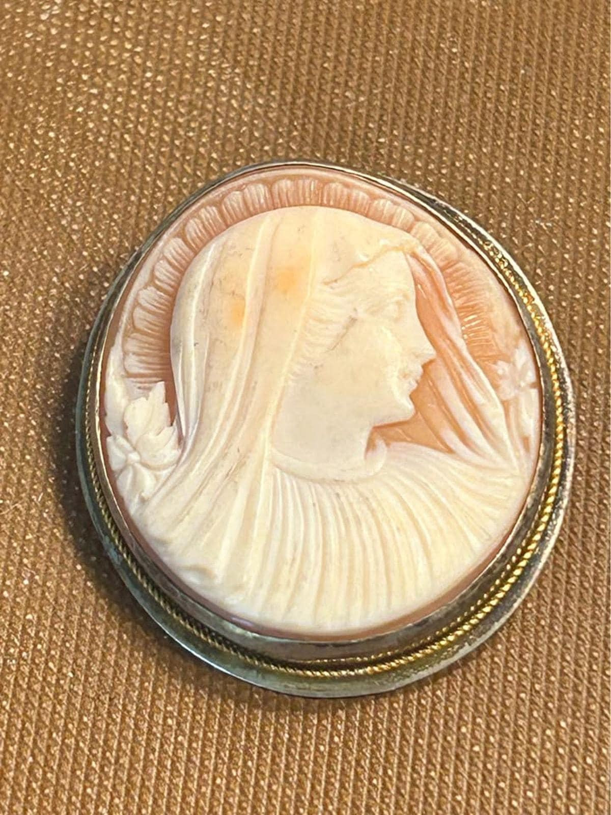 Hand-Carved Shell Cameo Brooch & Pendant, Veiled Madonna Portrait